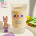 450ml Cute Frosted Glass Cup Coffee Milk Breakfast Cup With Spoon And Lid Portable Non-Slip Mugs Coffee Drinking Cups