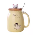 420ml/500ml Cartoon Cat Ceramic Water Cup With Wooden Lid Spoon Milk Tea Mugs Home Children Cup Set Drinkware S