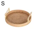 Rattan Handwoven Round High Wall Severing Tray With Handle Food Storage Plate Handles For Breakfast Drink Coffee Tea