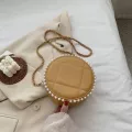 Plaid Pearl Round Crossbody Bag New Hi-Quity Pu Leather Women's Designer Handbag Chain Oulder Mesger Bag