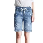 Siying ใหม่กางเกงยีนส์กางเกงยีนส์ของผู้หญิงห้าจุดเอวยางยืดสบาย ๆ ผู้หญิงห้ากางเกงยืดกางเกงตรงหลวม