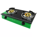 OXYGEN เตาแก๊สหน้ากระจกหัวคู่ หัวทองเหลืองคู่ รุ่น x-4600 ดำ-เขียว