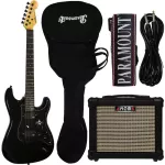 SQOE Electric guitar Strat HH model SEST210BK Black + guitar bag + electric guitar amplifier + jack cable + sash