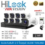 HiLook by Hikvision ชุดกล้องวงจรปิด 8 กล้อง รุ่น THC-B120M-C 2mp + DVR 208G-F1S + Adapter 8 ตัว, HDD 1TB 1 ลูก