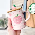 Cute Peach Water Cup Mug with Spoon Ceramic Cup with Lid Coffee Juice Milk Office Tea Cup