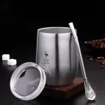 Double Wall 304 Stainless Steel Cup Tea Mug With Lid Heat Portable Beer Cup With Spoon Straw 377ml