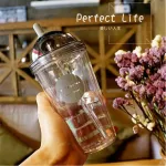 Creative Double-Layer Plastic Coffee Cup Personalized Tea Cup Transparent Coverd Straw Water Cup Outdoor Portable Cup