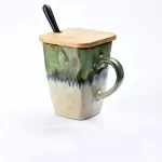 Creative Flow Glaze Square Coffee Mug Spoon And Lid Retro Tea Cup Household Matte Color Ceramic Milk Water Cup