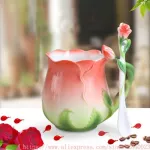 3D Rose Enamel Coffee Milk Cup Set with SPOON CREATIVE CRAMIC EUROPEAN BONE CHINA DRINKWARE for Friend