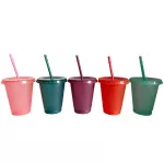 5PCS Creative Straw Cup Sequined Glitter Cup Colorful Coffee Straw Mug Flash Powder Shiny Plastic Tumbler with LID