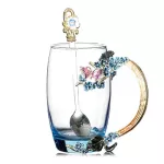 Color Enamel Glass Coffee Mugs Plum Tea Cups with Spoon Europe Drinkware