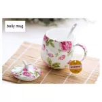 410ml Floral Rose Painting Bone China Personalized Mugs Fat Belly Designed European Cups Mugs Ceramic with Lip Spoon