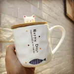Japan Style Cute Creative Cat and Fish Mark Ceramic Mug with Spoon Cover Set Breakfast Milk Mug