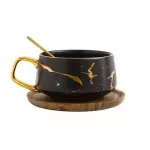 Creative Fresh Nordic Style Marble Matte Gold Ceramic Cup Tea Mug with Wooden Lid Tay