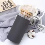 550ml Water Bottle Portable Glass Water Cup Straw Wooden Lid Straw Cup Bamboo Cover Anti-Scalding Silicone Sleeve Mug