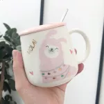 New 400ml Cute Cartoon Alpaca Ceramic Mug with Lid and Spoon Personalized Milk Tea Coffee Drinking Cup for GirLfriends