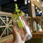 Creative Double-Layer Plastic Coffee Cup Milk Tea Cup Transparent Coverd Straw Water Cup Outdoor Portable Cup