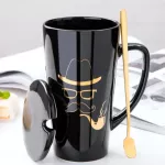 Ceramic 500ml Coffee Mug Creative Forest Art Pattern Cup Milk Mugs With Lid Spoon Home Drinkware Lovers Wedding