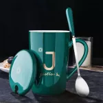 380ml Ceramic Mugs Creative Letter Mugs With Spoon Lid Green Gold Milk Coffee Cup Mark Drinkware Novelty S