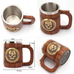 3D Double Stainless Steel Steel Skull Mug Beer Stein Tankard Tea Water Wood Barrel Mug Knight Halloween Bar Cool Drinkware
