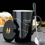 12 Consteds Creative Mugs with Spoon Lid Black and Gold Porcelain Zodiac Milk Coffee Cup 420ml Water Drinkware