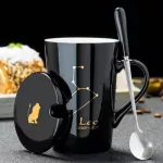 12 Constellations Creative Mugs With Spoon Lid Black And Gold Porcelain Zodiac Milk Coffee Cup 420ml Water Drinkware