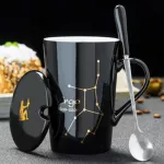 12 Constellations Ceramic Mugs with Spoon Lid Black and Gold Porcelain Zodiac Milk Coffee Cup 420ml Water Drinkware