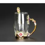 Enamel Transparent Glass Coffee Tea Mug Blue Roses Heat-Resistant Cup With Stainless Steel Spoon Coaster And Wipe Cloth