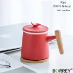 Borrey Porcelain Tea Cup Ceramic Office Tea Mug with Tea Infser Filte Ceramic Mug with Wooden Handle Coaster Ceramic Teapot