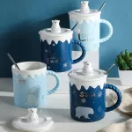 CUTE POLAR CERAMIC MUG WITH LID SPOON COFFEE CRELLE DRINKWARE COFFEE TEA CUPS STUDENT S MILK CUP