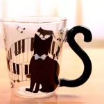300-400ml Free Shipping Blackwhite Piano Cat Cartoon Glass Milk Coffee Juice Cup with Handle