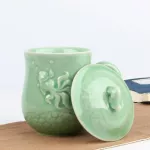 Chinese Longquan Teacup Teaset Ceramic Elegant Glaze Tea Mug With Lid Kung Fu With Fish Pattern Celadon Office Tea Cup