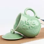 Chinese Longquan Teacup Teaset Ceramic Elegant Glaze Tea Mug with Lid Kung Fu with Fish Pattern Cladon Office Tea Cup