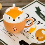 350ml Ceramic Mugs Cute Animal Chindren Breakfast Coffee Milk Mug with Cover Cup Fox Puppy Kitten Raccoon Piggy Polar Cup