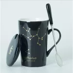 Ceramic Mugs 12 Consteds Creative Glass with Spoon Lid Black and Gold Porcelain Zodiac Milk Coffee Cup Drinkware