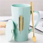 Ceramic Coffee Mug With Lid And Spoon Creative Large Capacity Tea Cup Breakfast Milk Mugs Home Lovers Wedding
