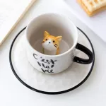 Creative Ceramics Mug With Spoon Tray Cute Cat Relief Coffee Milk Tea Handle Porcelain Cup Water Cup Novelty S