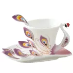 1 PCS PEACOCK COFFEE CUP CRAMIC CREATIVE MUGS Bone 3D Color Enamel Porcelain Cup with Saucer and Spoon Coffee Tea Sets