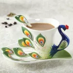 1 Peacock Coffee Cup Ceramic Creative Mugs Bone China 3d Color Enamel Porcelain Cup With Saucer And Spoon Coffee Tea Sets