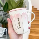 Light Luxury Painted Gold Ceramic Mug Korean Style Pink Mugs Sakura Coffee Cup Creative Mugs Business Office Drinkware