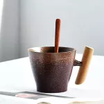 Vintage Ceramic Coffee Mug Style Tea Cup Tumbler Rust Glaze Office Tea Milk Milk Milk With Spoon Wood Handle Drinkware