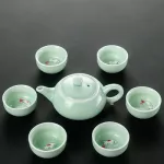 Longquan Cladon Fish Tea Set Ceramic Teapot Kettti Tea Cup Fish China Set Drinkware 1pot6cups