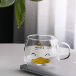 300ml Cute Cartoon Duck Mug Bamboo Cover Glass Flower Tea Cup Single Layer Breakfast Cup with Handle Juice Coffee Mug