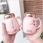 Sweet Pink Ceramic Mug with Mirror Cover for Coffee Girls Fresh Lovely Mugs with Selen Lid Office Flower Tea Cup
