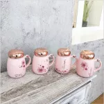 Sweet Pink Ceramic Mug with Mirror Cover for Coffee Girls Fresh Lovely Mugs with Selen Lid Office Flower Tea Cup