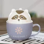 350ml Ceramic Mugs Cute Animal Chindren Breakfast Coffee Milk Mug with Cover Cup Fox Puppy Kitten Raccoon Piggy Polar Cup