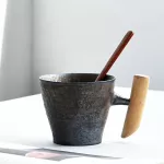 Japanse-Steyle Vintage Ceramic Coffee Mug Tumbler Rust Glaze Tea Milk Beer with Wood Handle Water Cup Home Office Drinkware