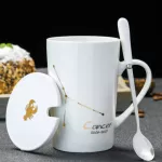 12 Constellations Creative Ceramic Mugs With Spoon Lid Black And Gold Porcelain Zodiac Milk Coffee 420ml Water Drinkware