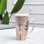 Nordic Ceramic Gold Elk Coffee Mug with Lid and Spoon Set Office Teacup Creative Porcelain Breakfast Milk Cup