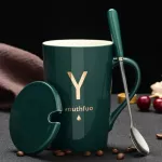 Creative Last Name Letter Ceramic Water Cup Mark Cup With Lid Spoon Couple Cup Customizable Logo Coffee Milk Cup
